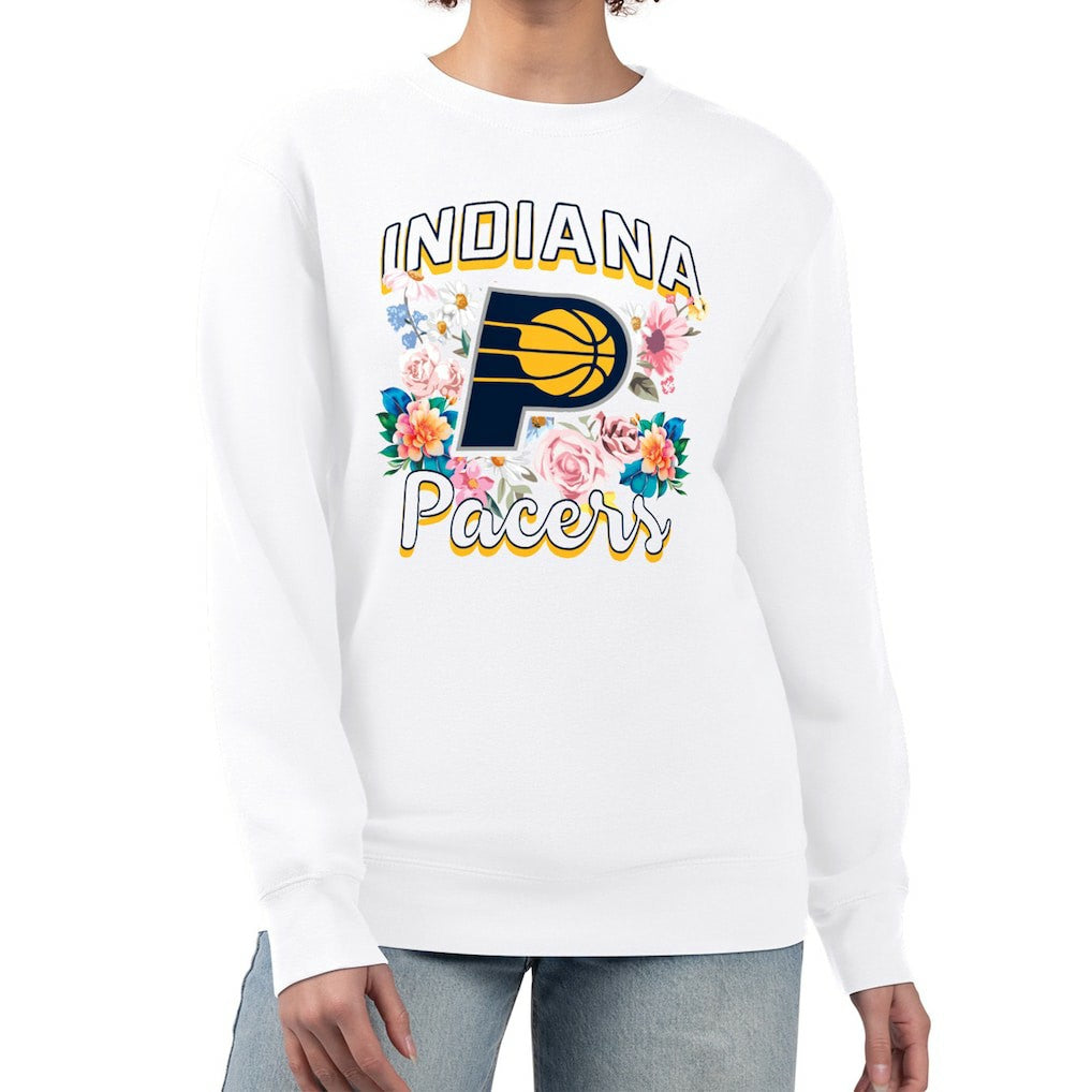 Indiana Pacers G-III 4Her by Carl Banks Women's Flowers Team Logo Graphic Fleece Crewneck Pullover Sweatshirt White