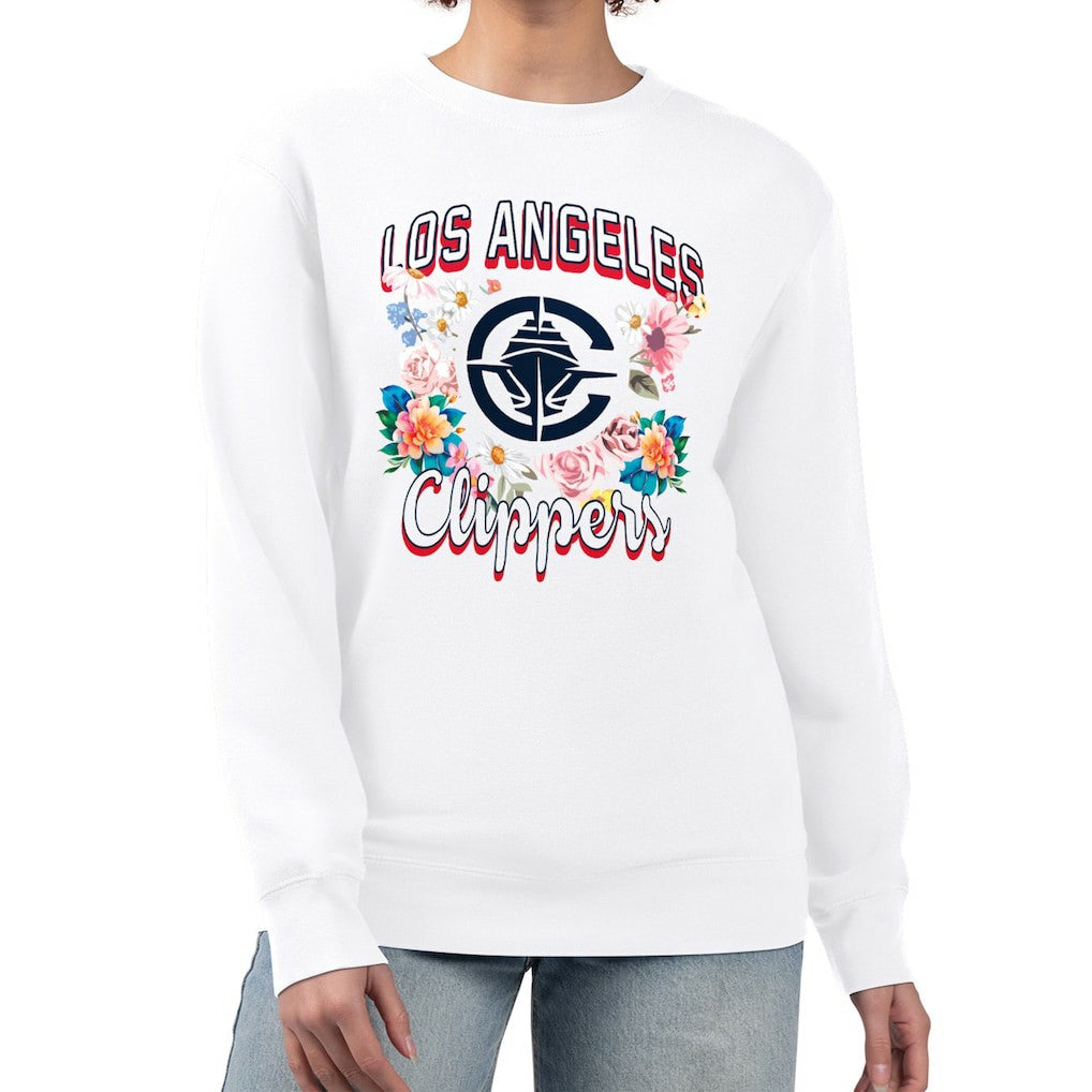 LA Clippers G-III 4Her by Carl Banks Women's Flowers Team Logo Graphic Fleece Crewneck Pullover Sweatshirt White