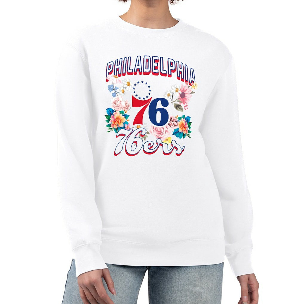 Philadelphia 76ers G-III 4Her by Carl Banks Women's Flowers Team Logo Graphic Fleece Crewneck Pullover Sweatshirt White