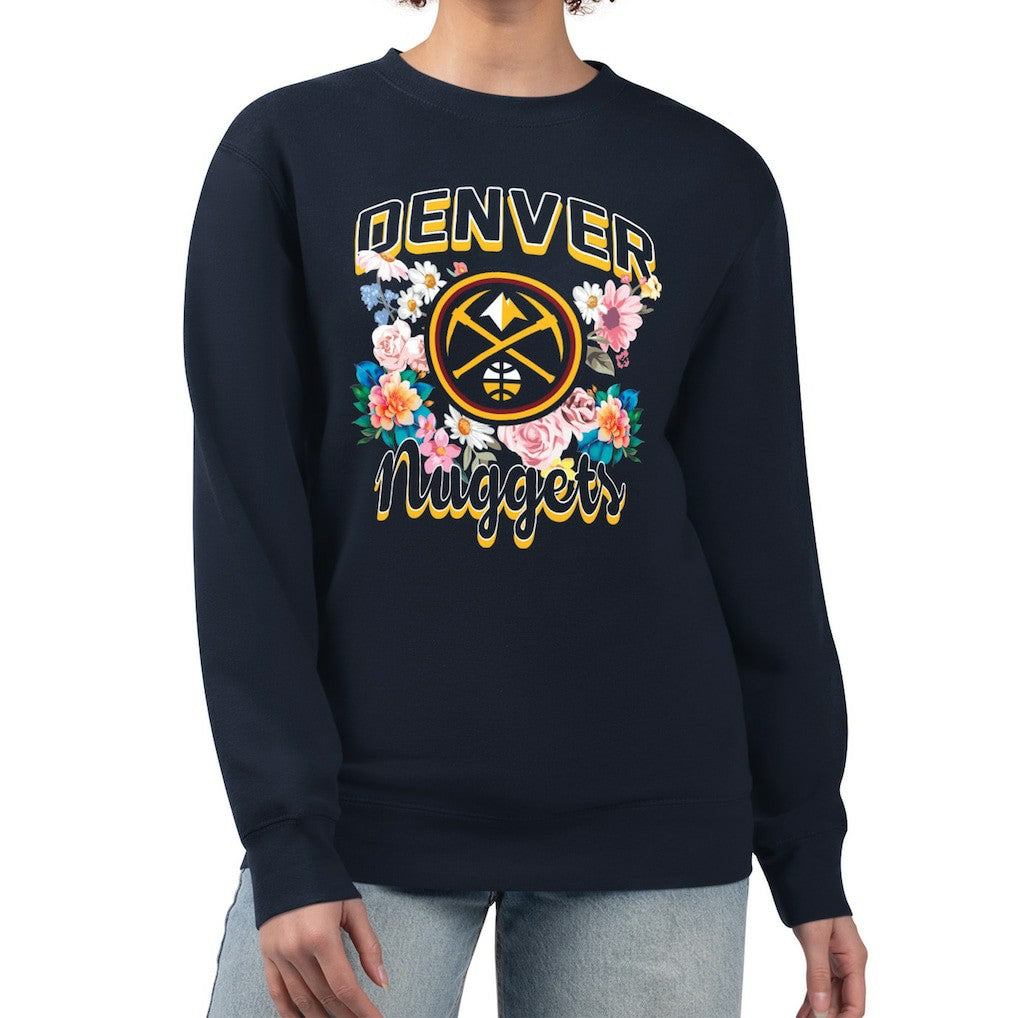 Denver Nuggets G-III 4Her by Carl Banks Women's Flowers Team Logo Graphic Fleece Crewneck Pullover Sweatshirt Navy