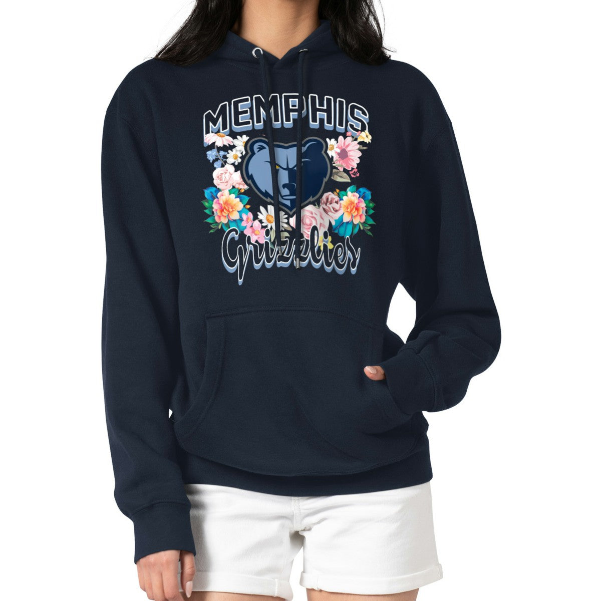 Memphis Grizzlies G-III 4Her by Carl Banks Women's Flowers Team Logo Graphic Fleece Pullover Hoodie Navy