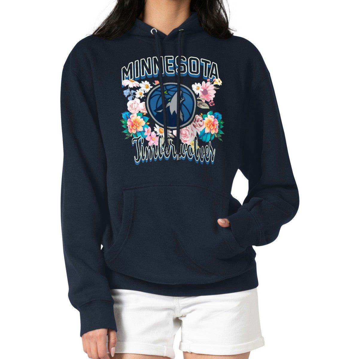 Minnesota Timberwolves G-III 4Her by Carl Banks Women's Flowers Team Logo Graphic Fleece Pullover Hoodie Navy