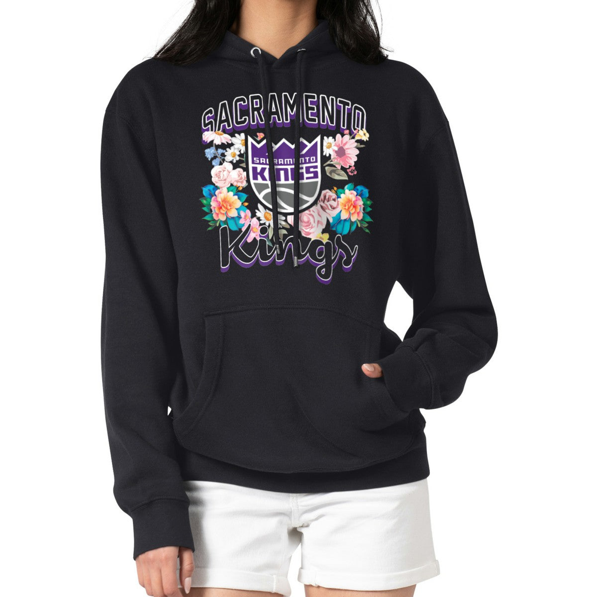 Sacramento Kings G-III 4Her by Carl Banks Women's Flowers Team Logo Graphic Fleece Pullover Hoodie Black