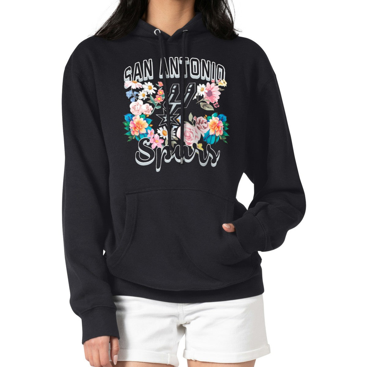 San Antonio Spurs G-III 4Her by Carl Banks Women's Flowers Team Logo Graphic Fleece Pullover Hoodie Black