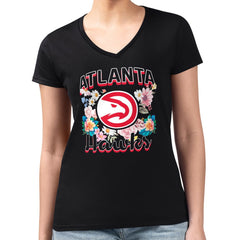 Atlanta Hawks G-III 4Her by Carl Banks Women's Super-Slim Fit Lightweight Flowers Team Logo Graphic V-Neck T-Shirt Black