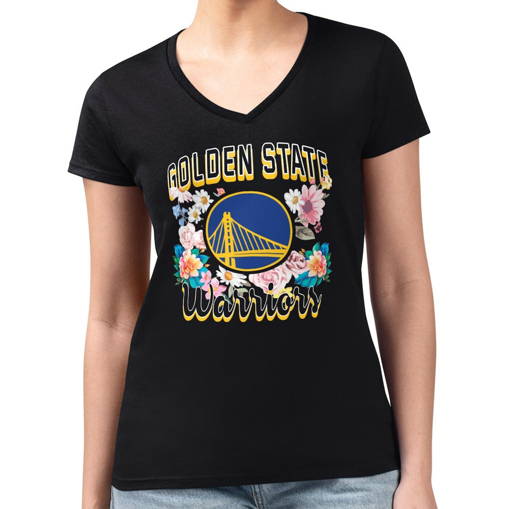 Golden State Warriors G-III 4Her by Carl Banks Women's Super-Slim Fit Lightweight Flowers Team Logo Graphic V-Neck T-Shirt Black
