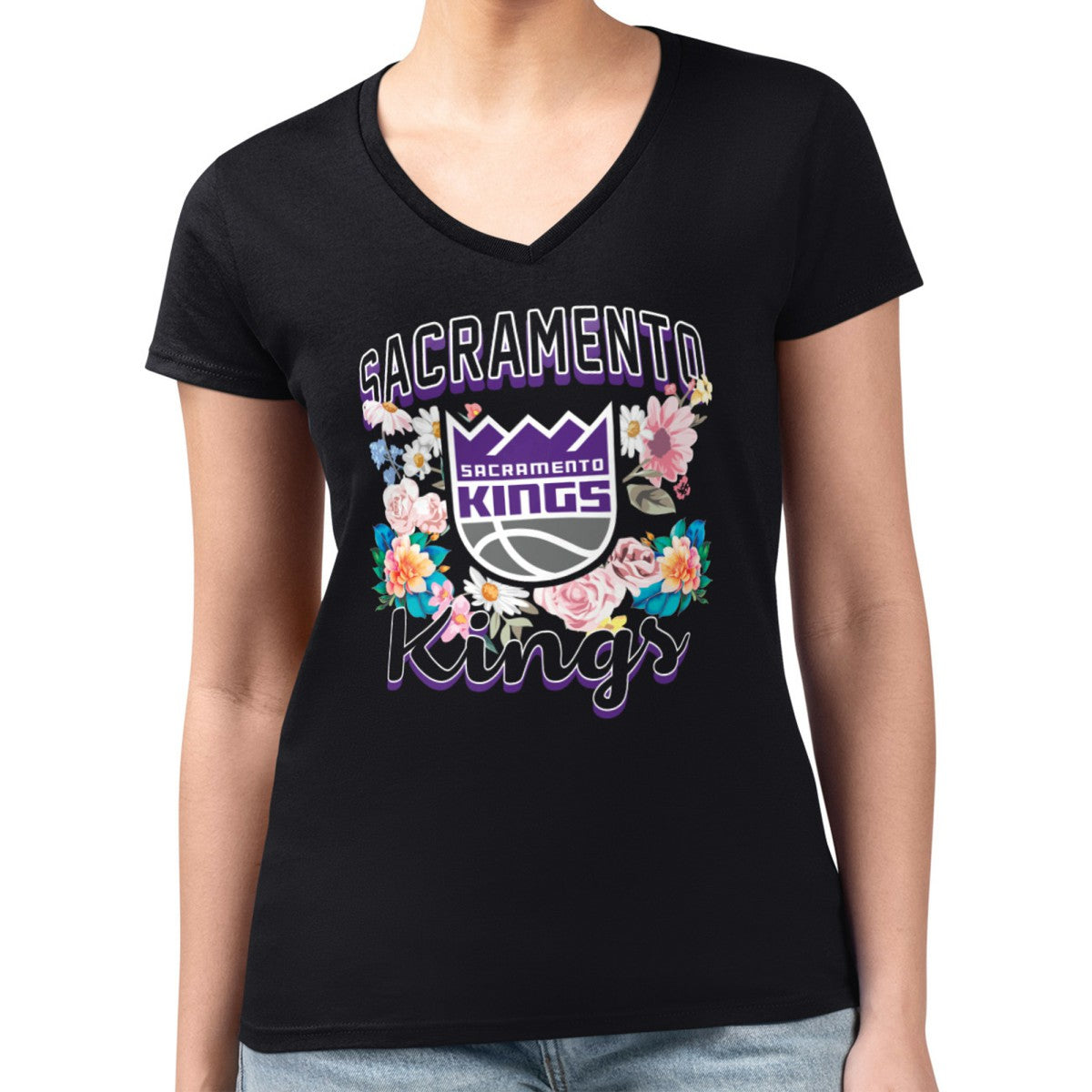 Sacramento Kings G-III 4Her by Carl Banks Women's Super-Slim Fit Lightweight Flowers Team Logo Graphic V-Neck T-Shirt Black