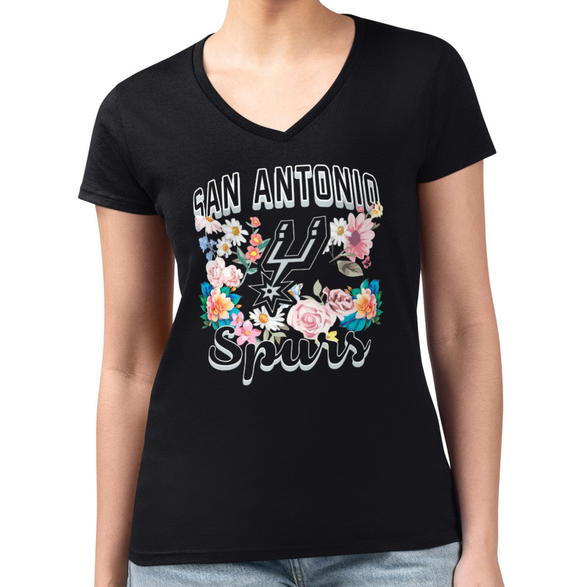 San Antonio Spurs G-III 4Her by Carl Banks Women's Super-Slim Fit Lightweight Flowers Team Logo Graphic V-Neck T-Shirt Black