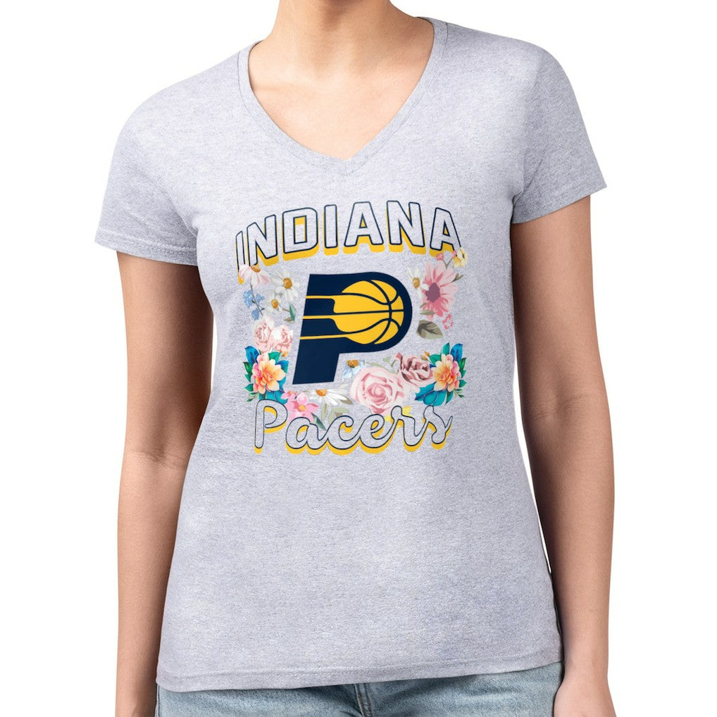 Indiana Pacers G-III 4Her by Carl Banks Women's Super-Slim Fit Lightweight Flowers Team Logo Graphic V-Neck T-Shirt Heather Gray