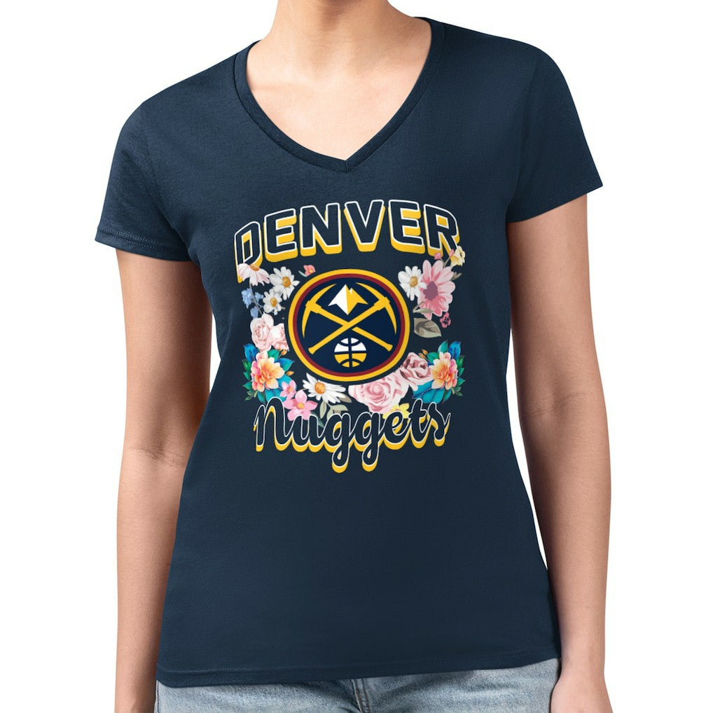 Denver Nuggets G-III 4Her by Carl Banks Women's Super-Slim Fit Lightweight Flowers Team Logo Graphic V-Neck T-Shirt Navy