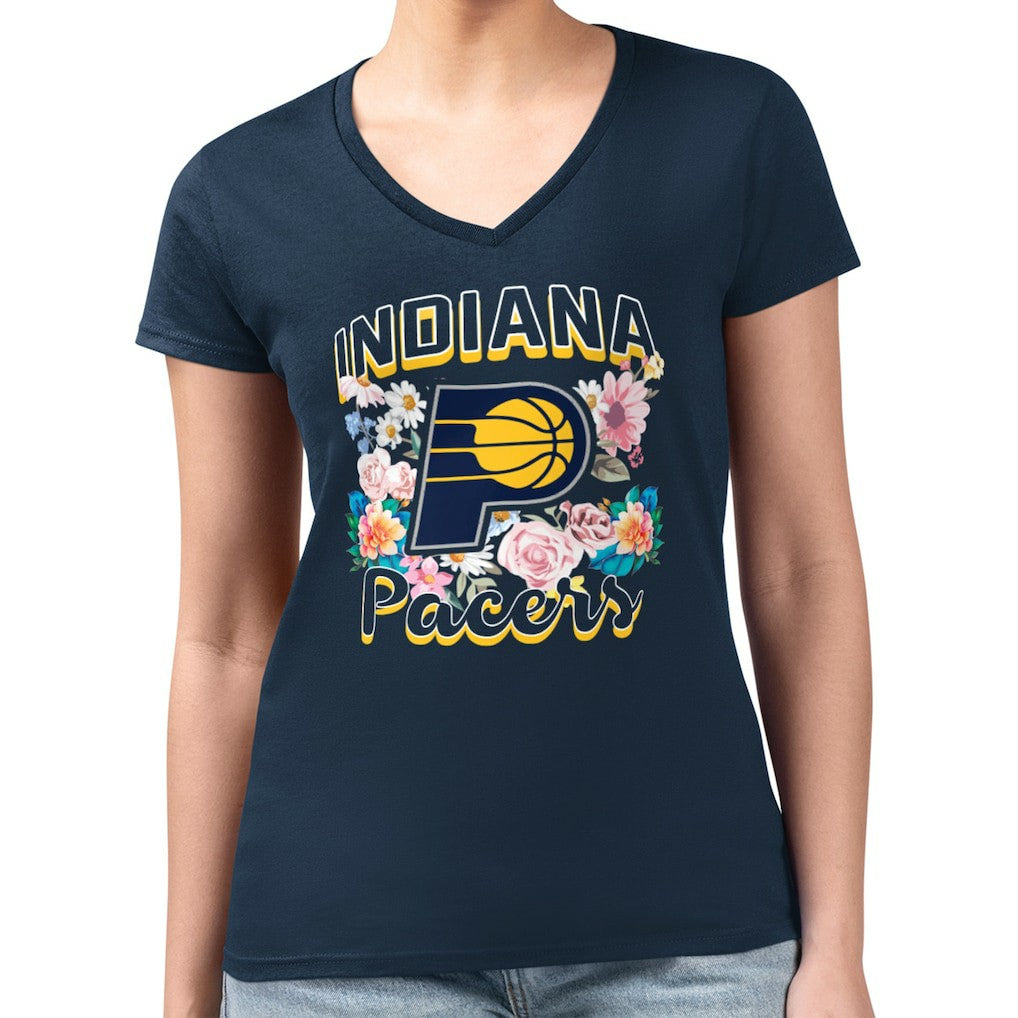 Indiana Pacers G-III 4Her by Carl Banks Women's Super-Slim Fit Lightweight Flowers Team Logo Graphic V-Neck T-Shirt Navy