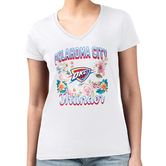 Oklahoma City Thunder G-III 4Her by Carl Banks Women's Super-Slim Fit Lightweight Flowers Team Logo Graphic V-Neck T-Shirt White