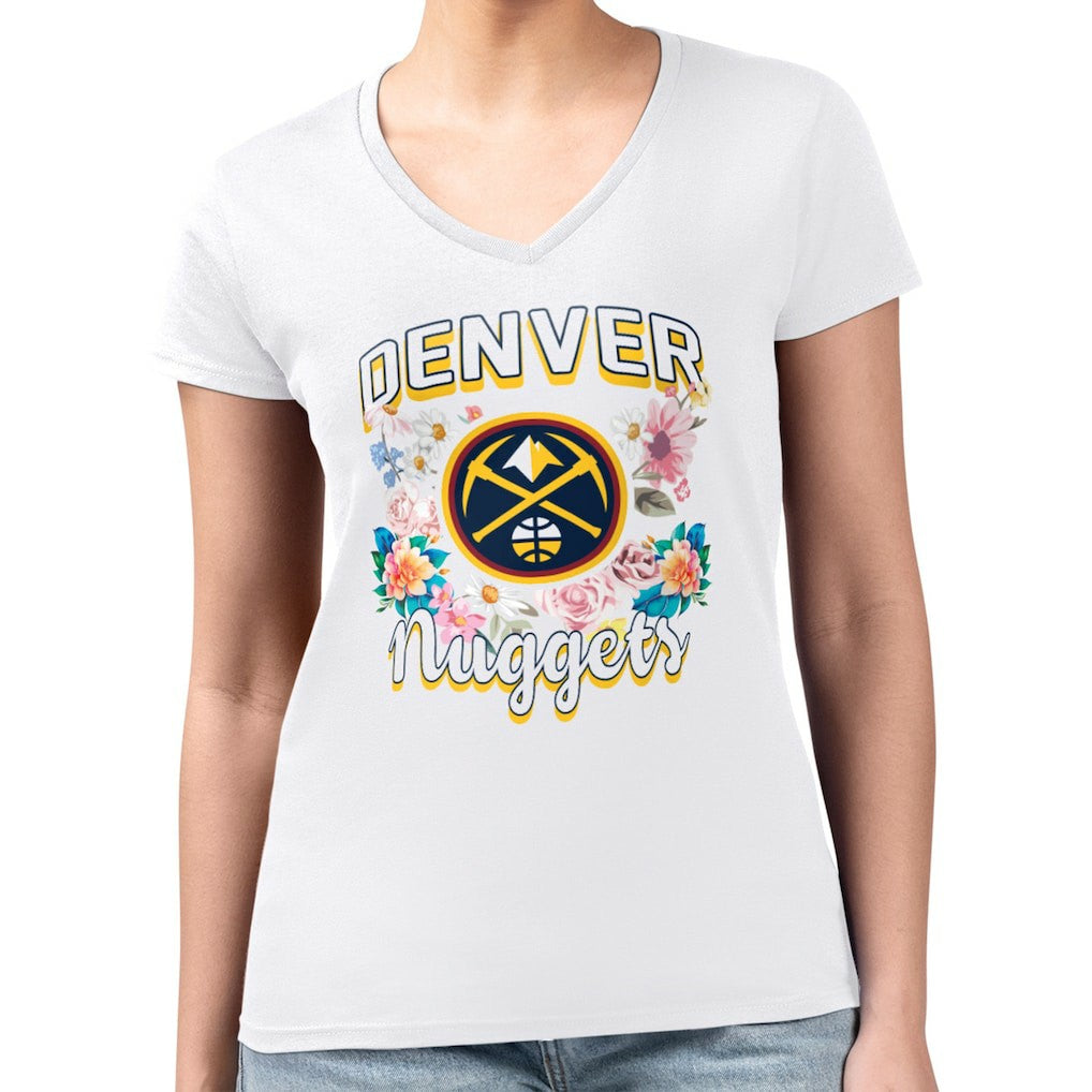 Denver Nuggets G-III 4Her by Carl Banks Women's Super-Slim Fit Lightweight Flowers Team Logo Graphic V-Neck T-Shirt White