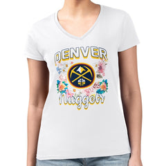 Denver Nuggets G-III 4Her by Carl Banks Women's Super-Slim Fit Lightweight Flowers Team Logo Graphic V-Neck T-Shirt White