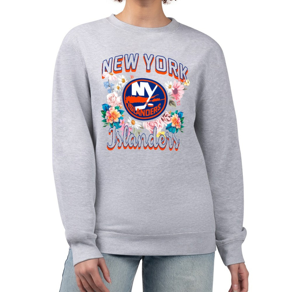 New York Islanders G-III 4Her by Carl Banks Women's Flower Logo Pullover Sweatshirt - Heather Gray | NHL Lifestyle