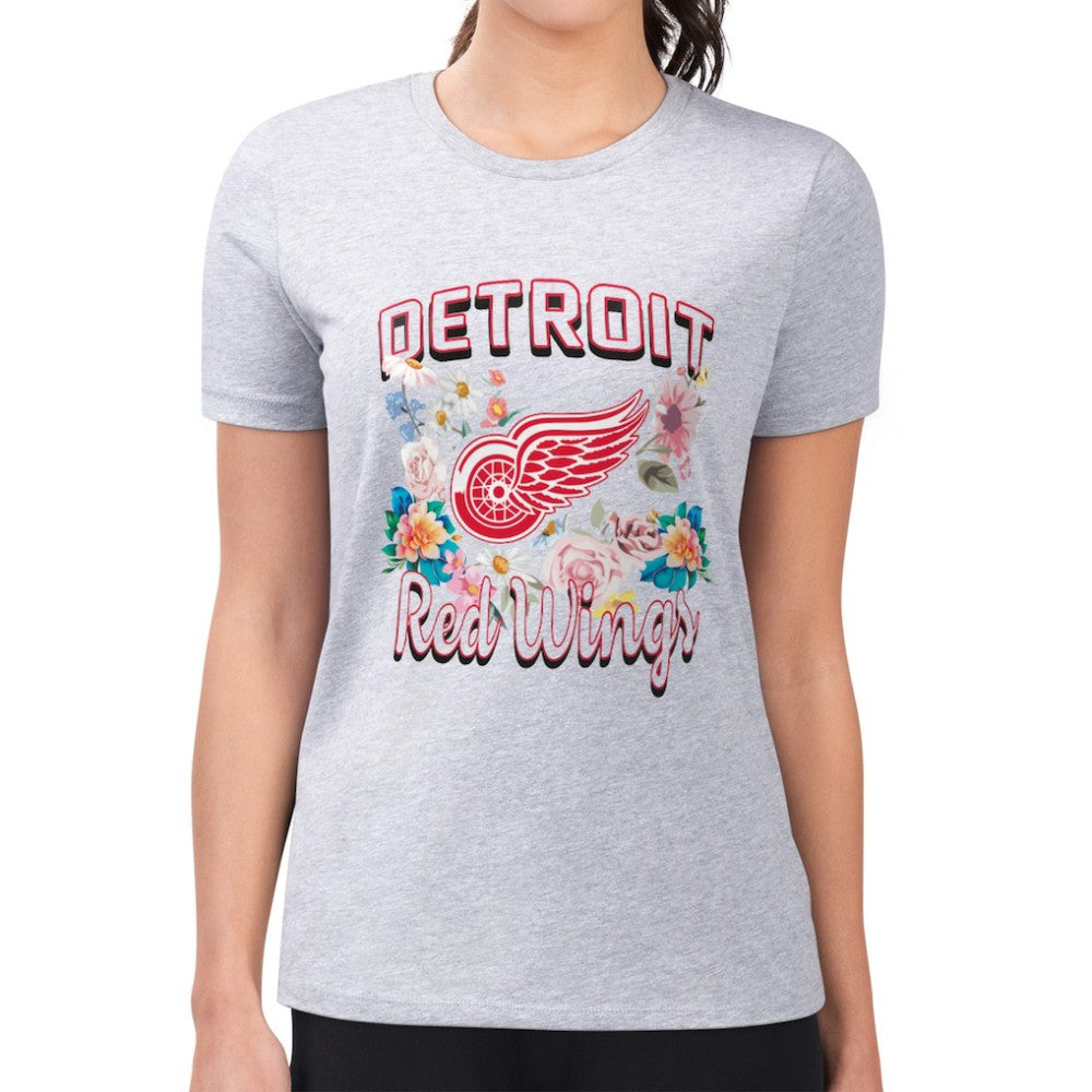Detroit Red Wings G-III 4Her by Carl Banks Women's Super-Slim Fit Lightweight Flower Logo T-Shirt - Heather Gray | NHL Lifestyle