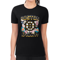 Boston Bruins G-III 4Her by Carl Banks Women's Super-Slim Fit Lightweight Flower Logo T-Shirt - Black | NHL Clearance