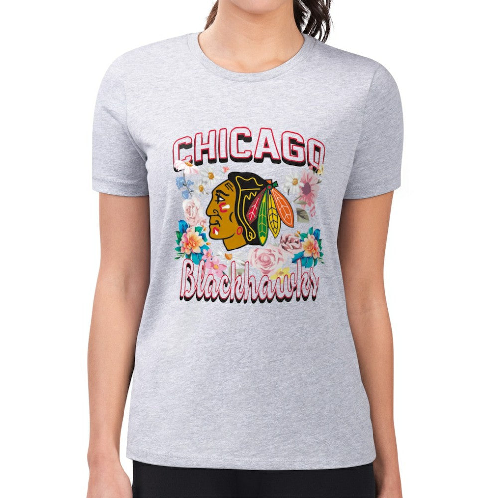 Chicago Blackhawks G-III 4Her by Carl Banks Women's Super-Slim Fit Lightweight Flower Logo T-Shirt - Heather Gray | NHL near me