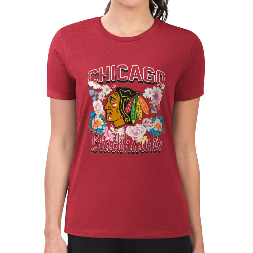 Chicago Blackhawks G-III 4Her by Carl Banks Women's Super-Slim Fit Lightweight Flower Logo T-Shirt - Red | NHL Clearance