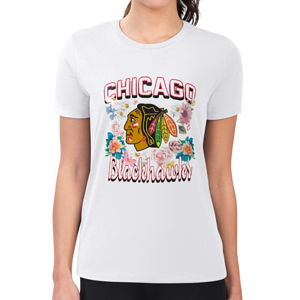 Chicago Blackhawks G-III 4Her by Carl Banks Women's Super-Slim Fit Lightweight Flower Logo T-Shirt - White | NHL Lifestyle
