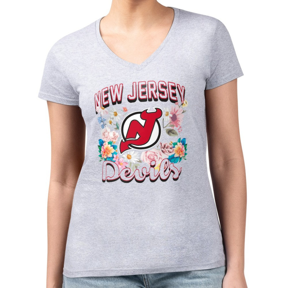 New Jersey Devils G-III 4Her by Carl Banks Women's Super-Slim Fit Lightweight Flower Logo V-Neck T-Shirt - Heather Gray | NHL on sale
