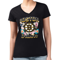 Boston Bruins G-III 4Her by Carl Banks Women's Super-Slim Fit Lightweight Flower Logo V-Neck T-Shirt - Black | NHL online