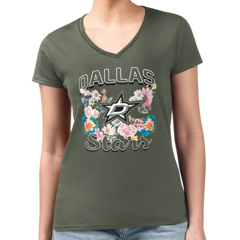 Dallas Stars G-III 4Her by Carl Banks Women's Super-Slim Fit Lightweight Flower Logo V-Neck T-Shirt - Green | NHL near me