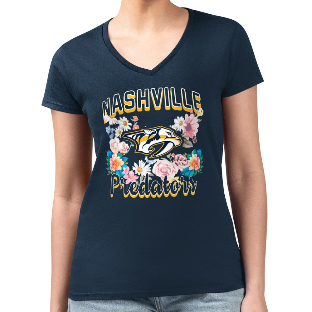 Nashville Predators G-III 4Her by Carl Banks Women's Super-Slim Fit Lightweight Flower Logo V-Neck T-Shirt - Navy | NHL Clearance