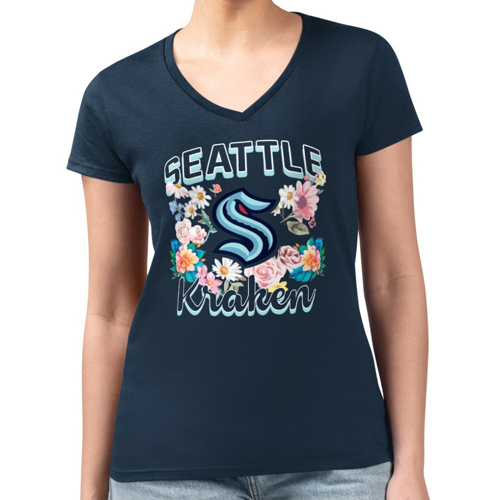 Seattle Kraken G-III 4Her by Carl Banks Women's Super-Slim Fit Lightweight Flower Logo V-Neck T-Shirt - Navy | NHL online