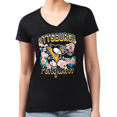 Pittsburgh Penguins G-III 4Her by Carl Banks Women's Super-Slim Fit Lightweight Flower Logo V-Neck T-Shirt - Black | NHL on sale