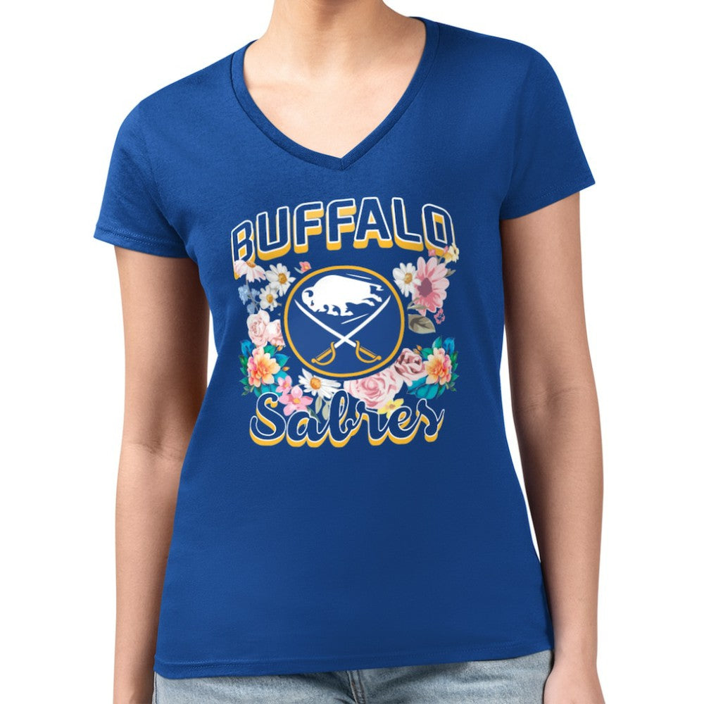 Buffalo Sabres G-III 4Her by Carl Banks Women's Super-Slim Fit Lightweight Flower Logo V-Neck T-Shirt - Royal | NHL Lifestyle