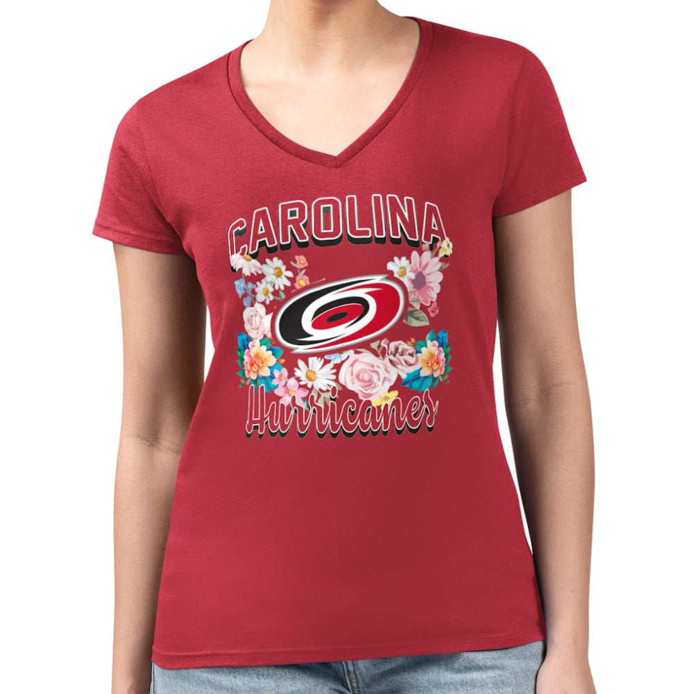 Carolina Hurricanes G-III 4Her by Carl Banks Women's Super-Slim Fit Lightweight Flower Logo V-Neck T-Shirt - Red | NHL sale