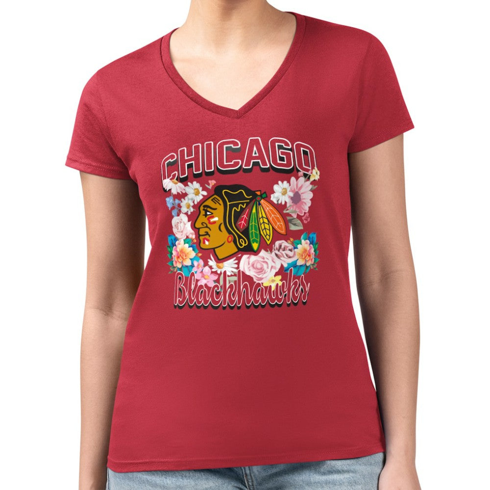 Chicago Blackhawks G-III 4Her by Carl Banks Women's Super-Slim Fit Lightweight Flower Logo V-Neck T-Shirt - Red | NHL sale