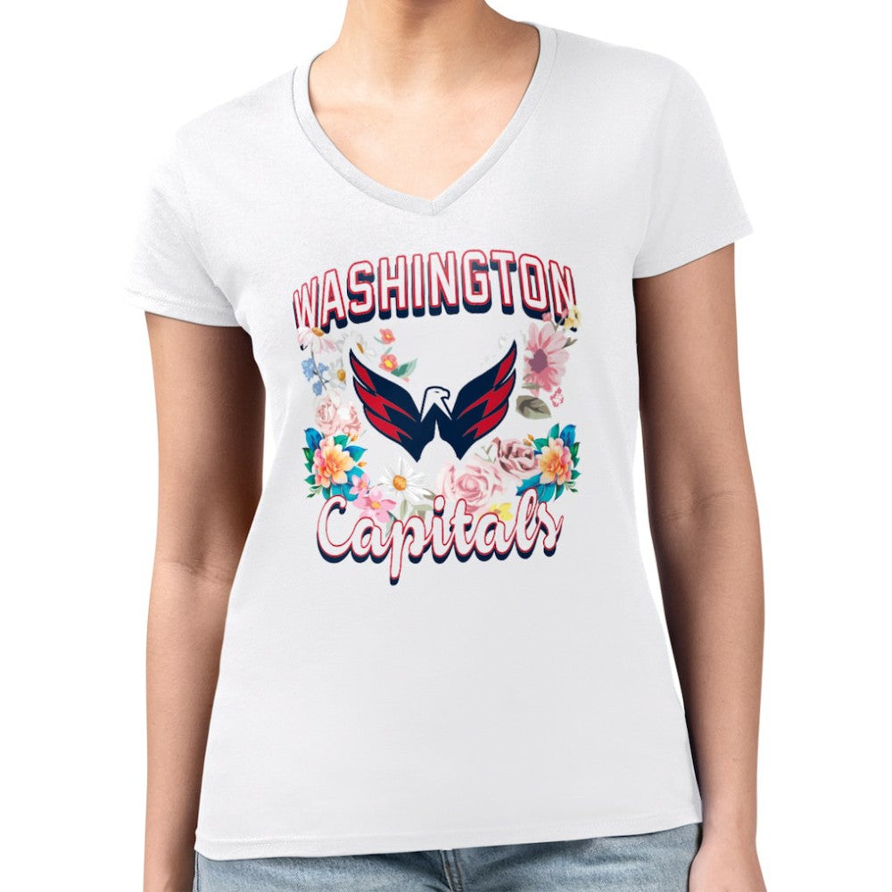 Washington Capitals G-III 4Her by Carl Banks Women's Super-Slim Fit Lightweight Flower Logo V-Neck T-Shirt - White | NHL Clearance