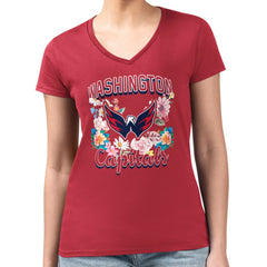 Washington Capitals G-III 4Her by Carl Banks Women's Super-Slim Fit Lightweight Flower Logo V-Neck T-Shirt - Red | NHL Clearance
