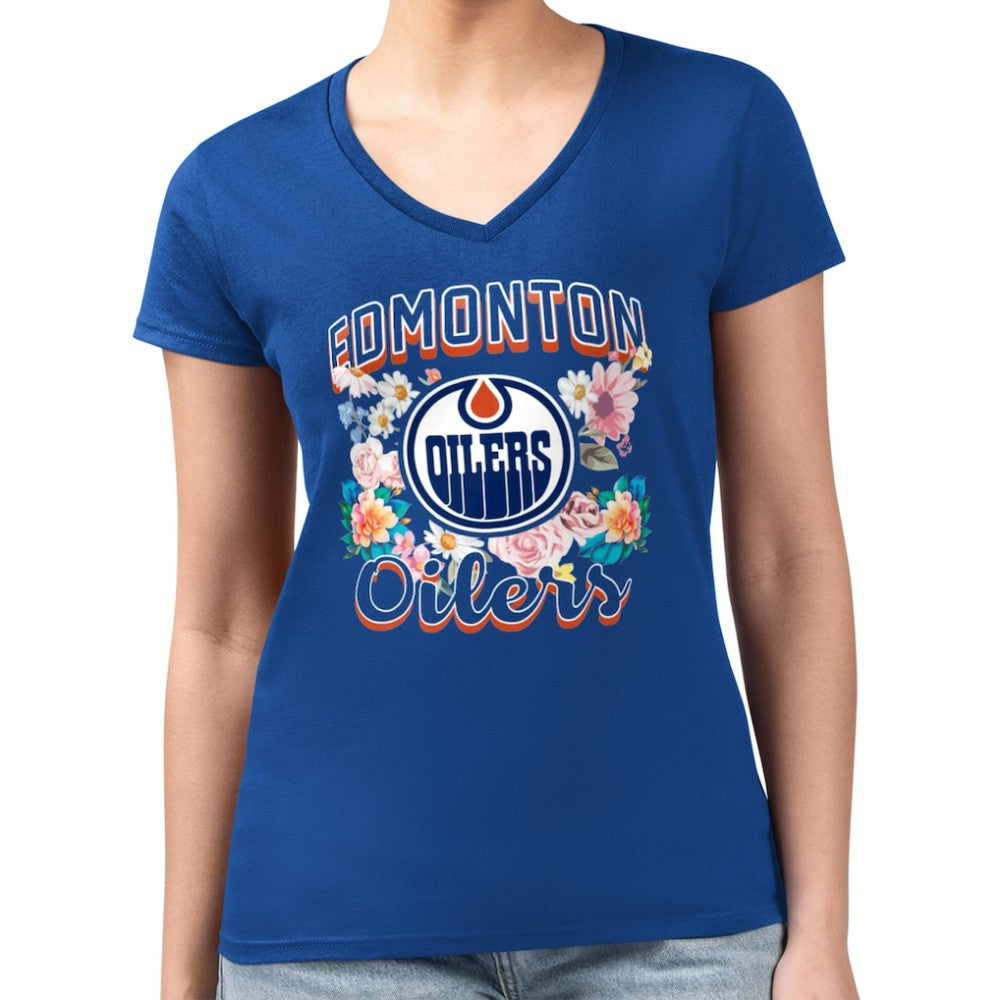 Edmonton Oilers G-III 4Her by Carl Banks Women's Super-Slim Fit Lightweight Flower Logo V-Neck T-Shirt - Royal | NHL on sale