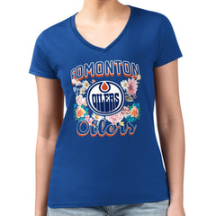 Edmonton Oilers G-III 4Her by Carl Banks Women's Super-Slim Fit Lightweight Flower Logo V-Neck T-Shirt - Royal | NHL on sale
