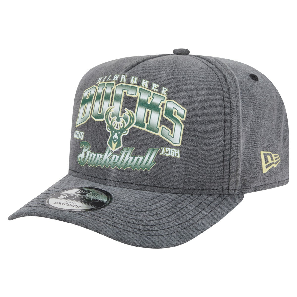 New Era Milwaukee Bucks Throwback Washed Pre-Curved 9FIFTY Snapback Hat Charcoal