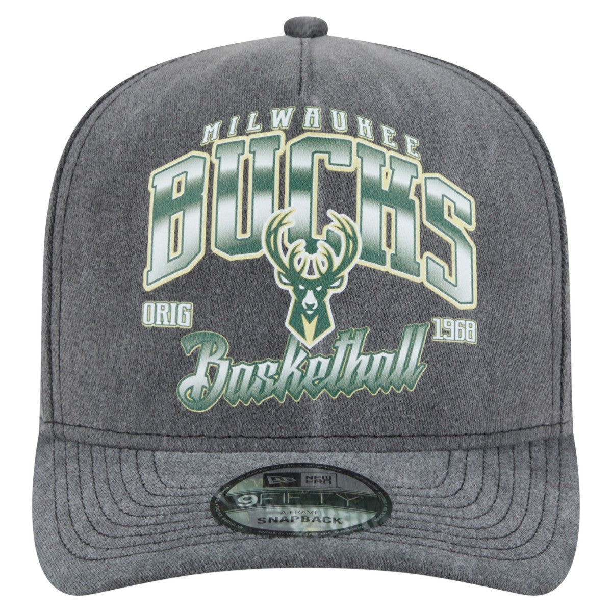 New Era Milwaukee Bucks Throwback Washed Pre-Curved 9FIFTY Snapback Hat Charcoal