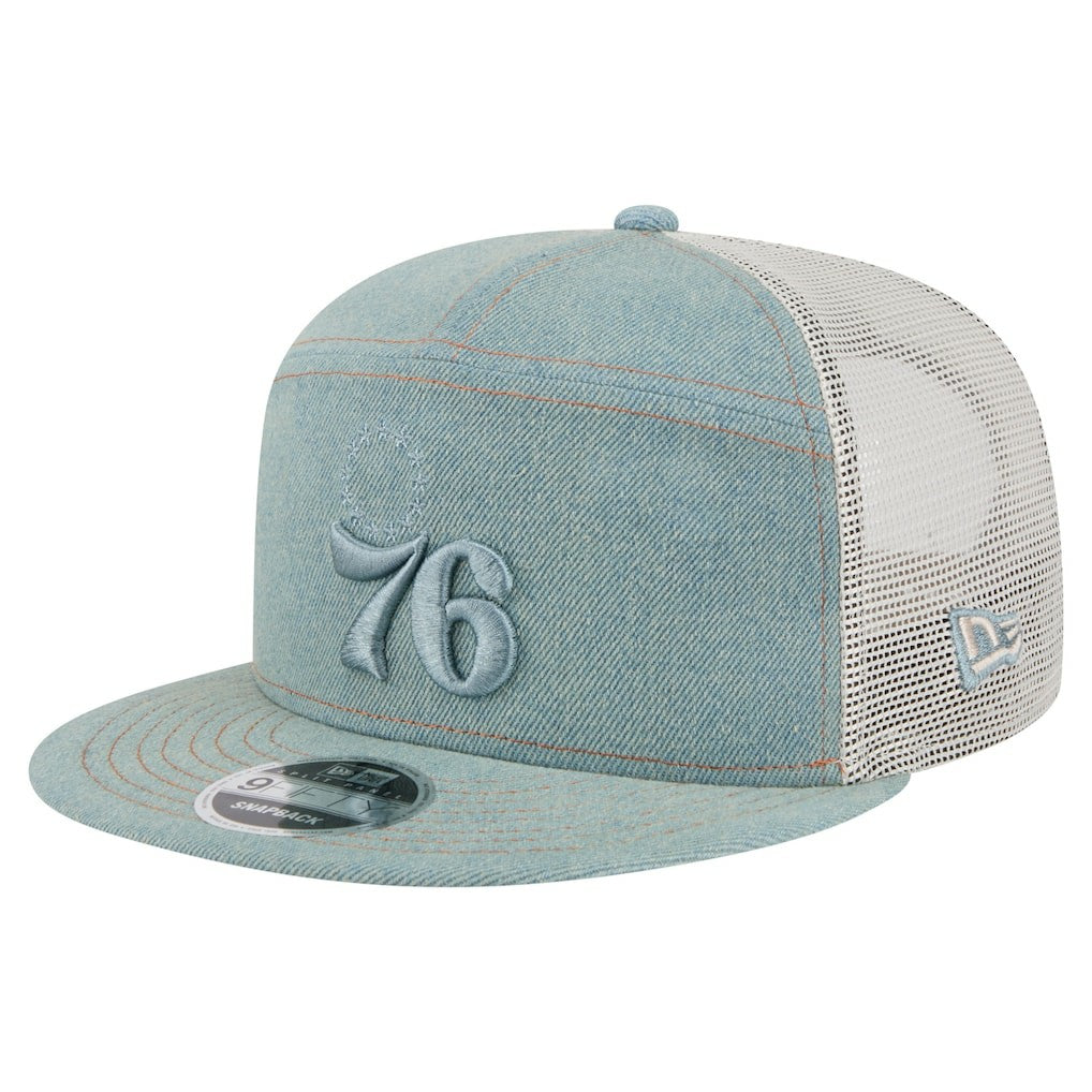 New Era Philadelphia 76ers Adventure Denim Split Panel 9FIFTY Snapback Trucker Hat