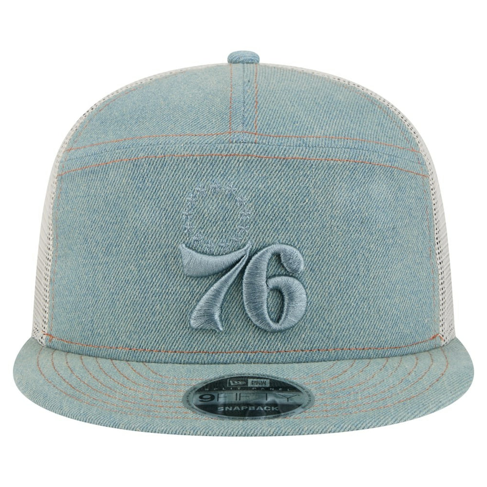 New Era Philadelphia 76ers Adventure Denim Split Panel 9FIFTY Snapback Trucker Hat