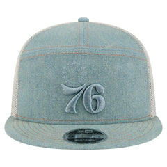 New Era Philadelphia 76ers Adventure Denim Split Panel 9FIFTY Snapback Trucker Hat