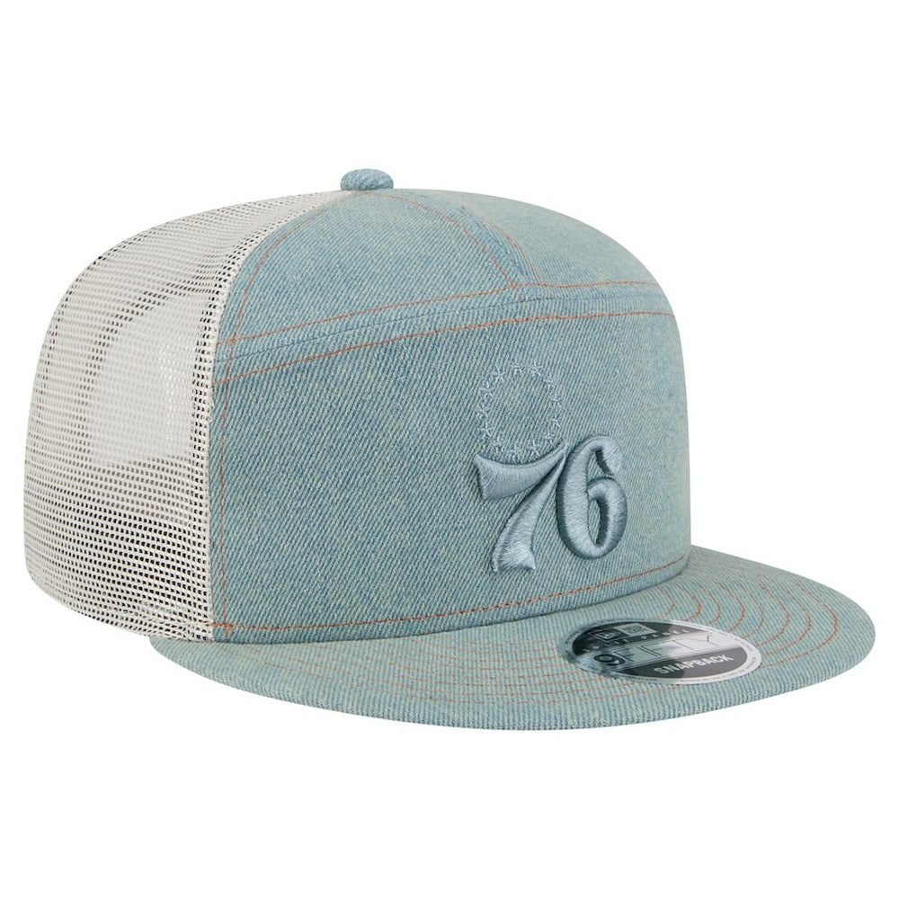 New Era Philadelphia 76ers Adventure Denim Split Panel 9FIFTY Snapback Trucker Hat