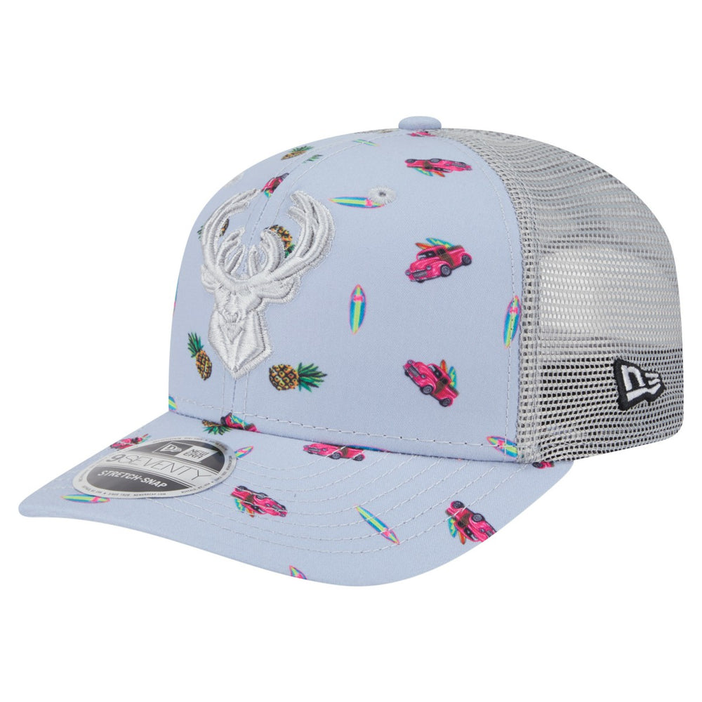 New Era Milwaukee Bucks Adventure Aloha Pattern 9SEVENTY Stretch-Snap Hat Light Blue/Gray