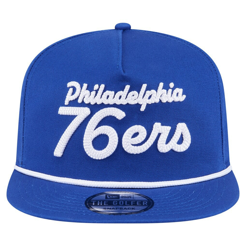 New Era Philadelphia 76ers Team Text Golfer Snapback Hat Royal