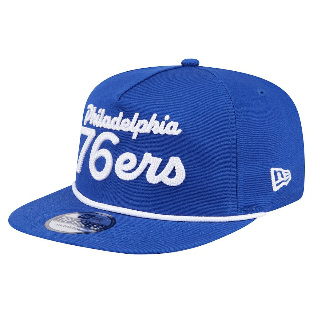 New Era Philadelphia 76ers Team Text Golfer Snapback Hat Royal