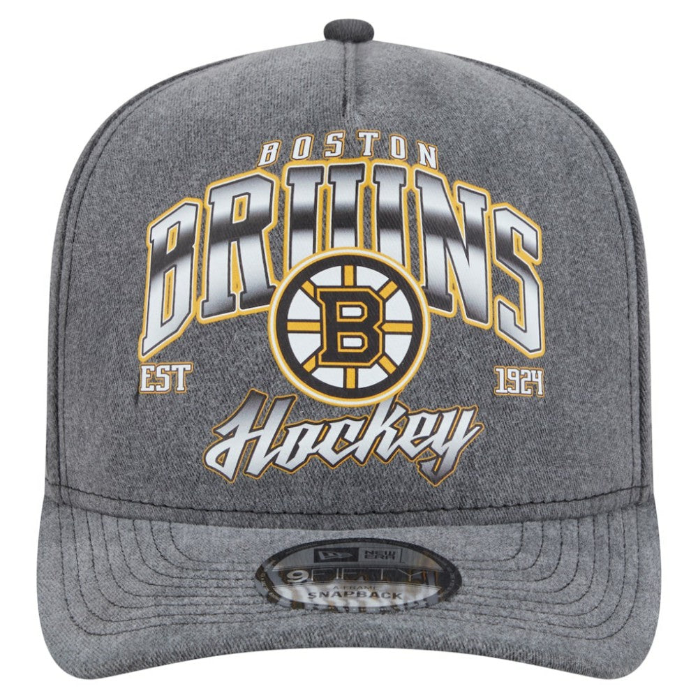 Boston Bruins New Era Throwback Washed A-Frame Pre-Curved 9FIFTY Snapback Hat - Charcoal | New Era Clearance
