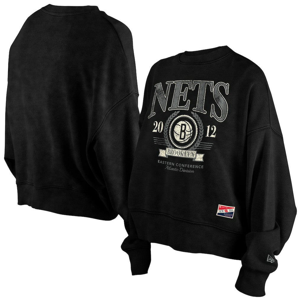 New Era Brooklyn Nets Women's Throwback Vintage Enzyme Wash Oversized Boxy Pullover Sweatshirt Black
