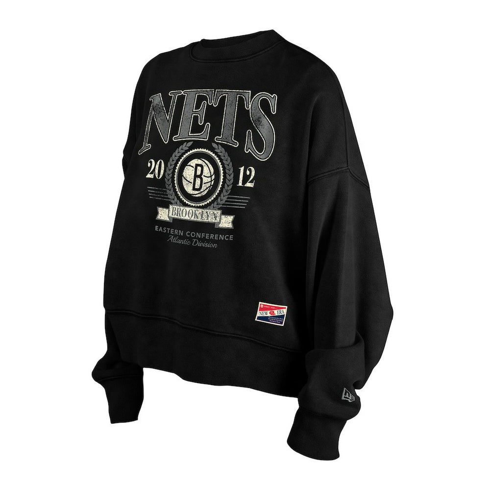 New Era Brooklyn Nets Women's Throwback Vintage Enzyme Wash Oversized Boxy Pullover Sweatshirt Black