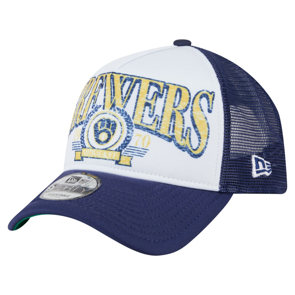 Milwaukee Brewers New Era Distressed 9FORTY A-Frame Adjustable Trucker Hat Online